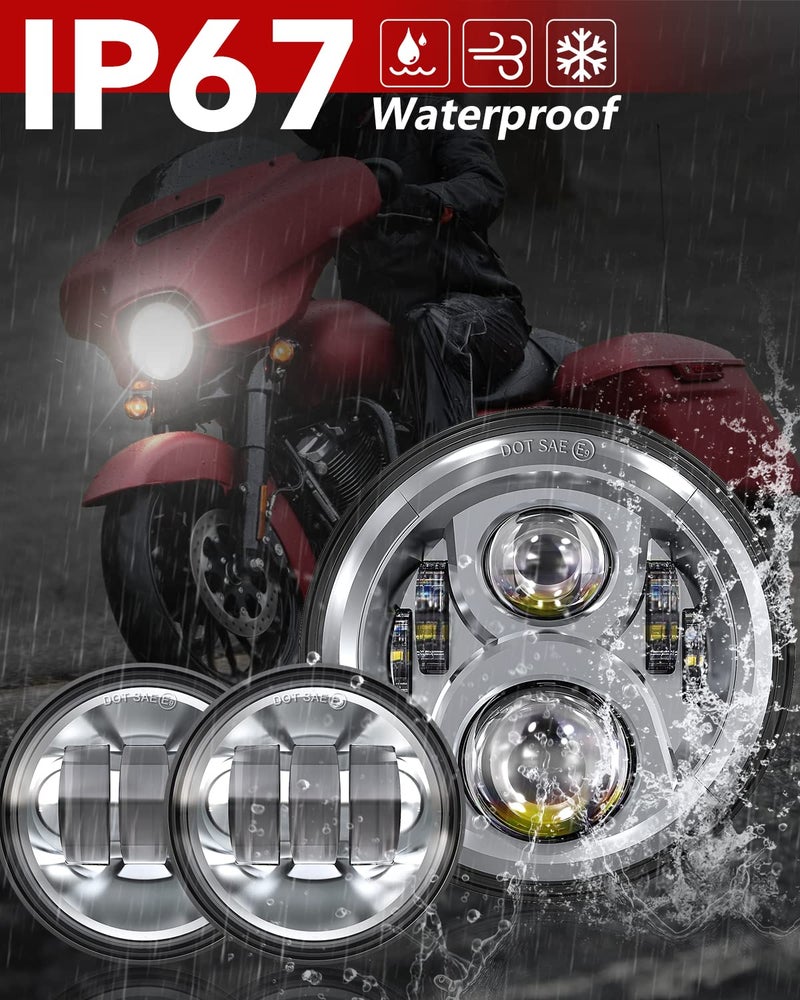 BICYACO 7 Inch LED Motorcycle Headlight with 4.5 Inch Fog Lights Passing Lamps DOT SAE Approved, Compatible with Harley Davidson Classic Electra Street Glide Fat Boy Road King Heritage Softail Chrome - Image 4